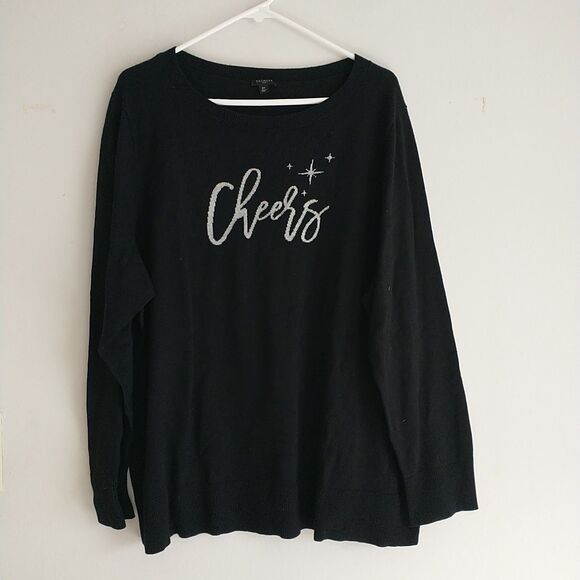 Talbots Sweater Womens 2X Black Knit Cotton Cashmere Blend "Cheers" Spell Out - Picture 1 of 9